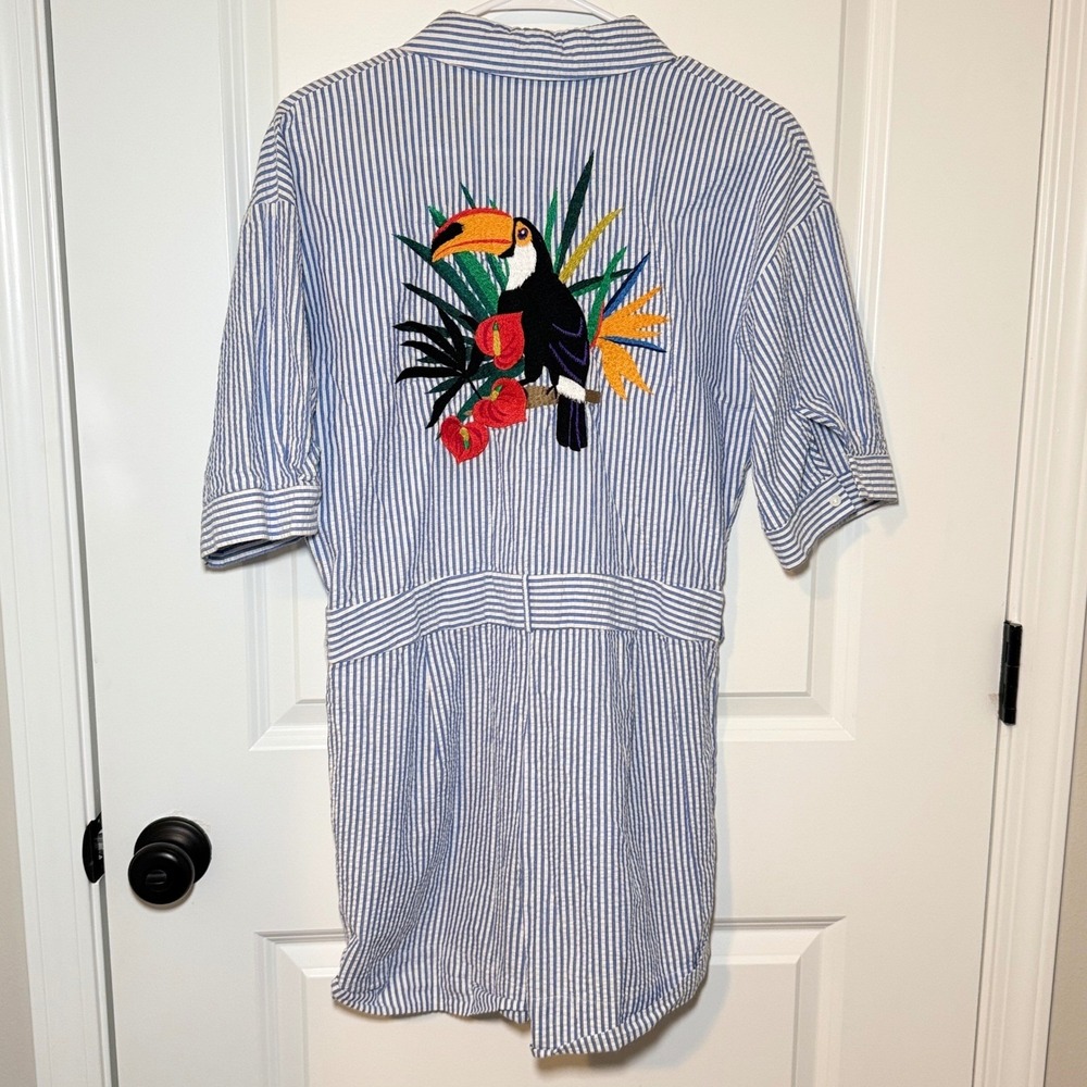Zara Basic Seersucker Romper Blue White Striped Toucan Embroidery Womens Small